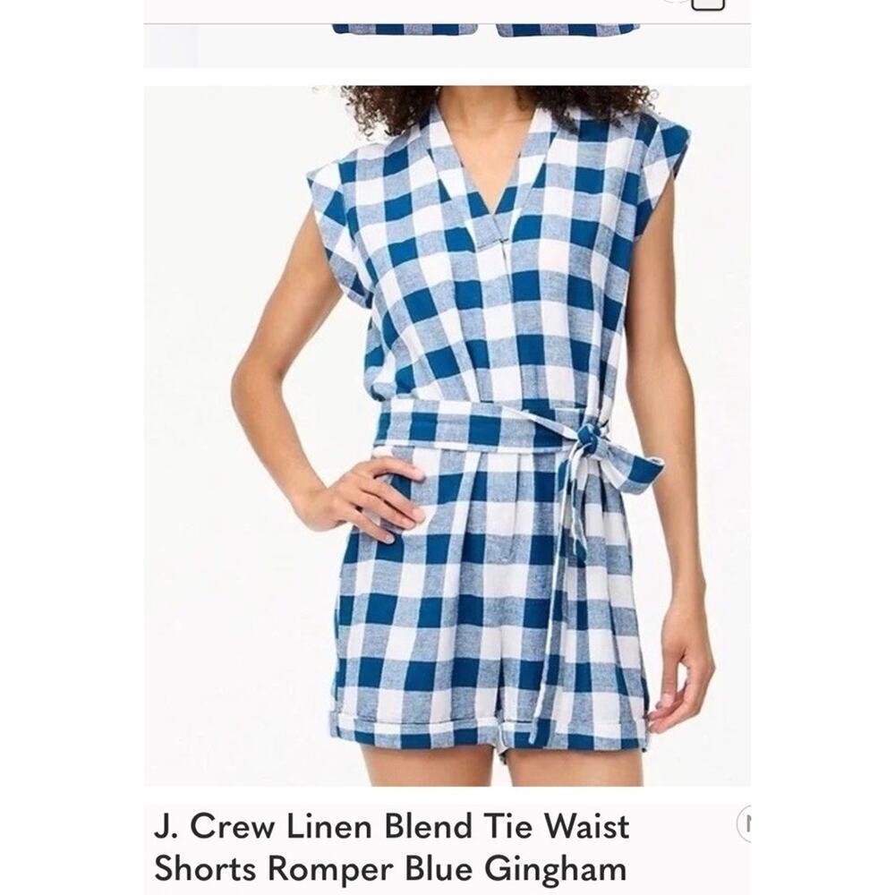 J. Crew Womens 16 tie-waist linen romper plaid. MISSING TIE(can Use Belt)
